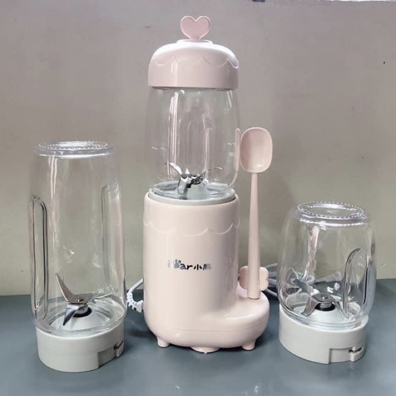 Máy xay ăn dặm sinh tố hoa quả trái cây 3 cối thuỷ tinh cho bé BEAR màu hồng