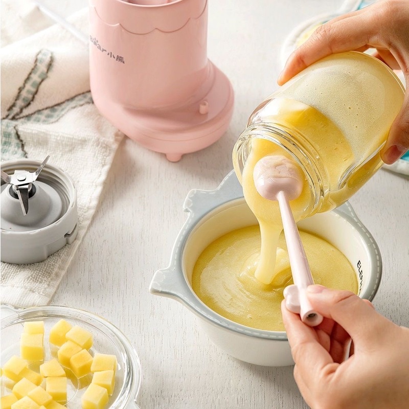 Máy xay ăn dặm sinh tố hoa quả trái cây 3 cối thuỷ tinh cho bé BEAR màu hồng