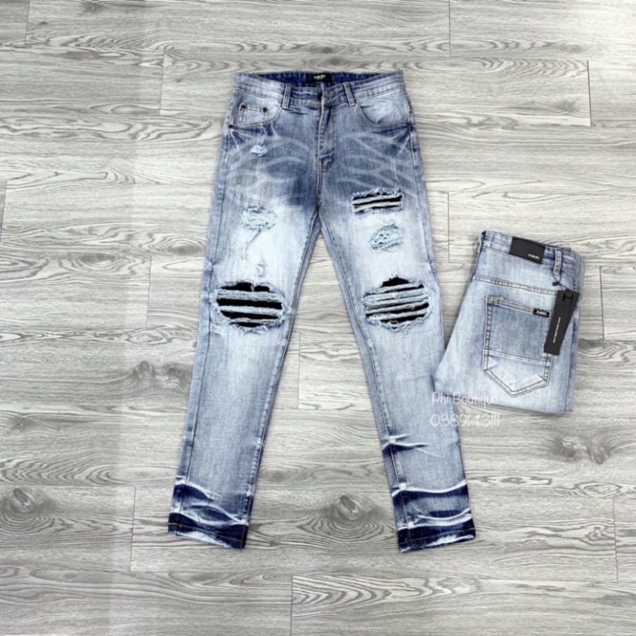 Quần jean skinny Amiri nam likeauth wash đen xám rách vá da nhăn đen thỏ Playboy đùi gối ống xếp sóng