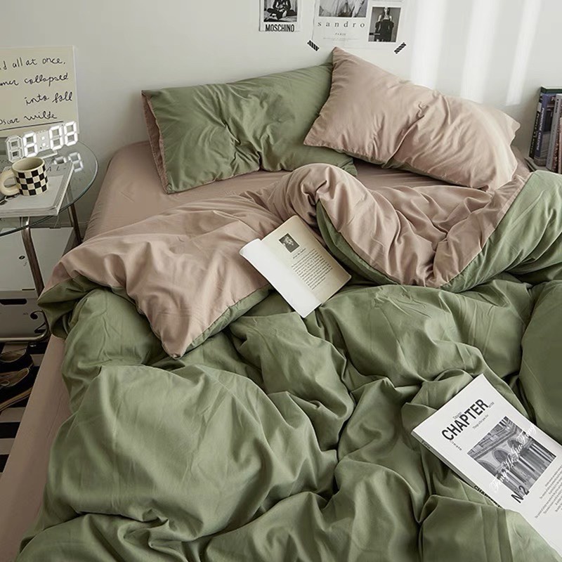 Bộ chăn ga gối cotton tici  cotton đũi trơn dày decor phòng ngủ vintage màu rêu mix be đủ mọi cỡ nệm