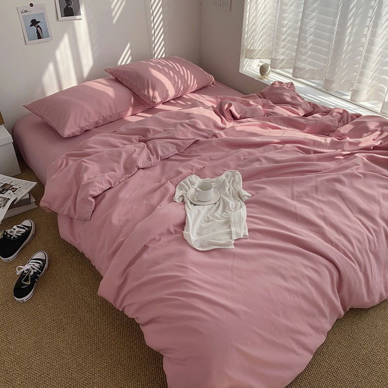 Bộ chăn ga gối cotton tici  cotton đũi trơn dày decor phòng ngủ vintage màu hồng trơn  đủ mọi cỡ nệm