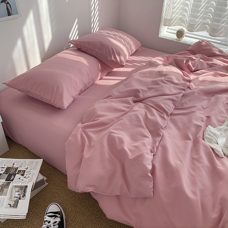 Bộ chăn ga gối cotton tici  cotton đũi trơn dày decor phòng ngủ vintage màu hồng trơn  đủ mọi cỡ nệm