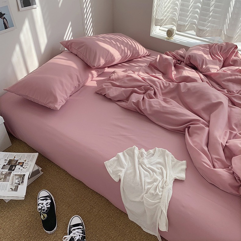 Bộ chăn ga gối cotton tici  cotton đũi trơn dày decor phòng ngủ vintage màu hồng trơn  đủ mọi cỡ nệm