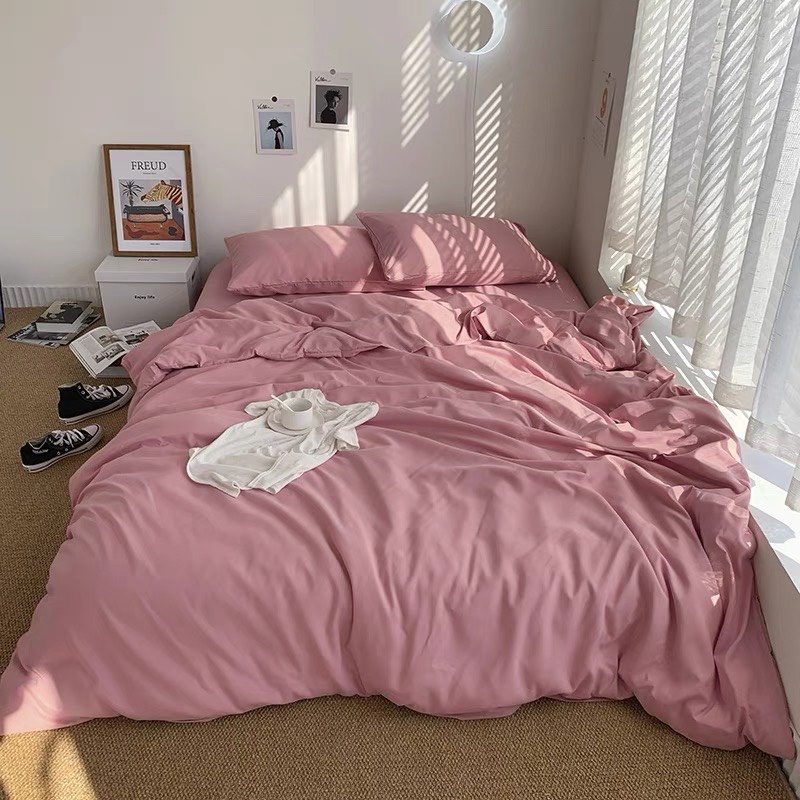 Bộ chăn ga gối cotton tici  cotton đũi trơn dày decor phòng ngủ vintage màu hồng trơn  đủ mọi cỡ nệm