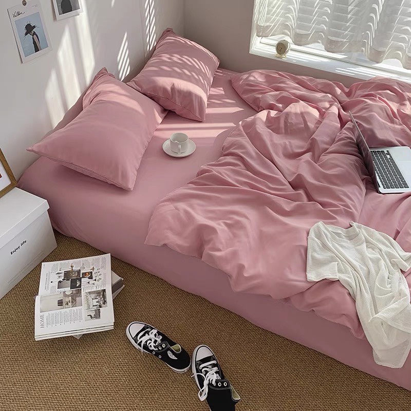 Bộ chăn ga gối cotton tici  cotton đũi trơn dày decor phòng ngủ vintage màu hồng trơn  đủ mọi cỡ nệm