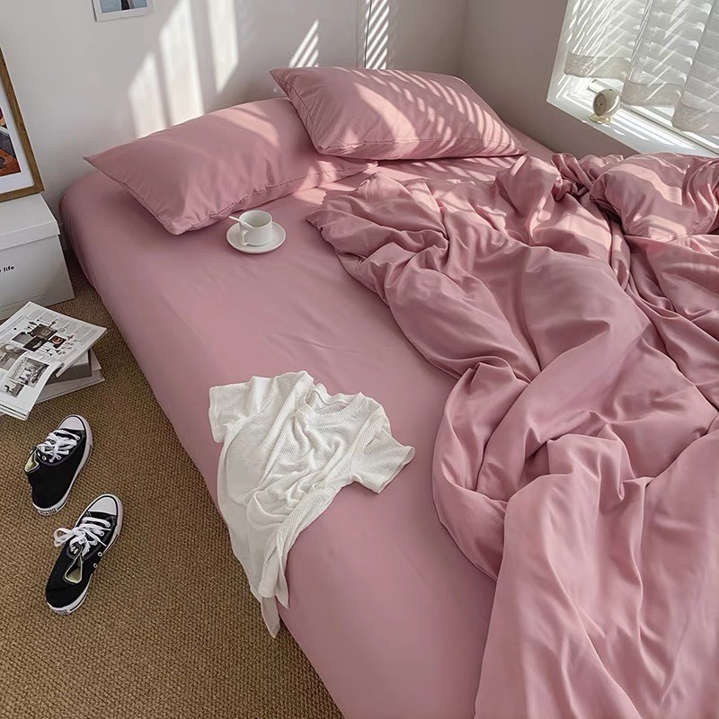 Bộ chăn ga gối cotton tici  cotton đũi trơn dày decor phòng ngủ vintage màu hồng trơn  đủ mọi cỡ nệm