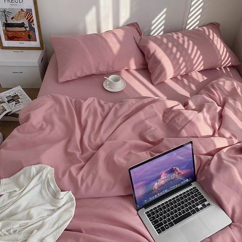 Bộ chăn ga gối cotton tici  cotton đũi trơn dày decor phòng ngủ vintage màu hồng trơn  đủ mọi cỡ nệm