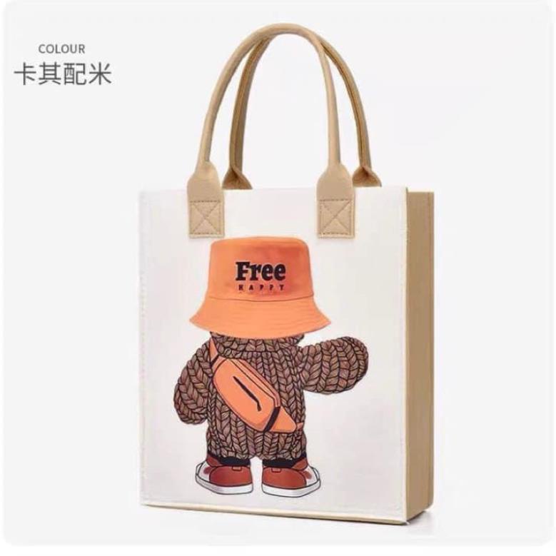Túi Xách Tay Đựng Đồ In Họa Tiết Hoạt Hình Dễ Thương , Túi Tote Đeo Vai Vải Nỉ In Hoạt Hình Gấu