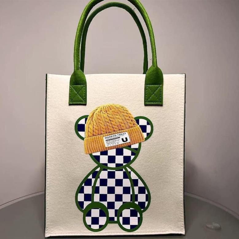 Túi Xách Tay Đựng Đồ In Họa Tiết Hoạt Hình Dễ Thương , Túi Tote Đeo Vai Vải Nỉ In Hoạt Hình Gấu