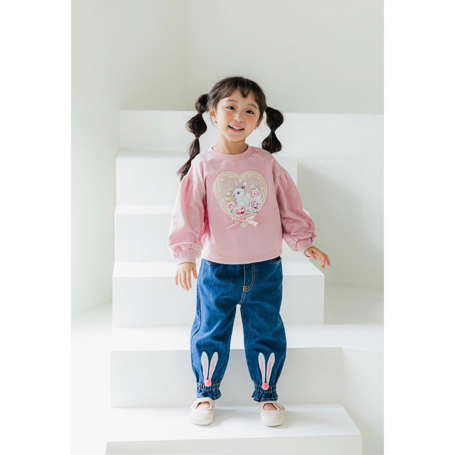 Quần jean mềm Babidiboo màu xanh chun gấu thêu tai thỏ size 110 - 140