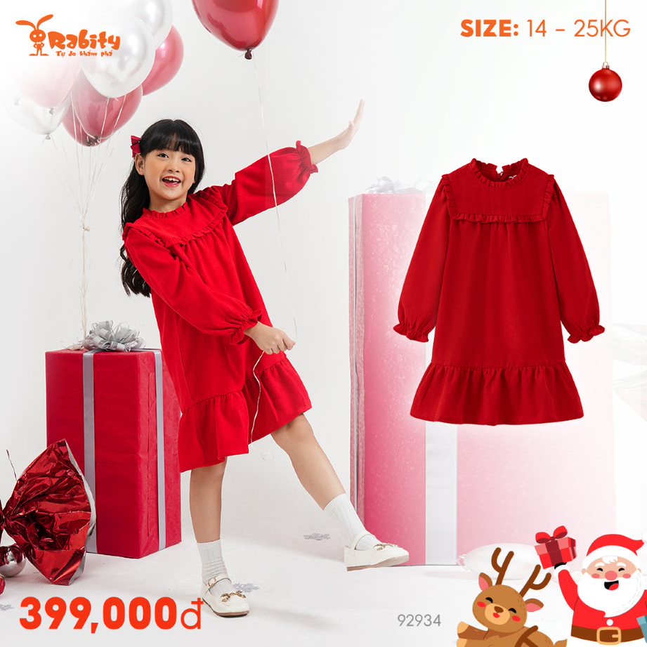 Đầm váy nhung cổ bèo dài tay bé gái đầm mặc Noel mặc Tết cho trẻ em Rabity 92934