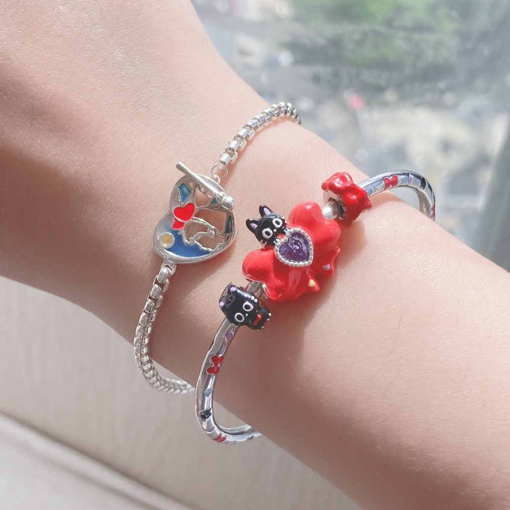 Vòng Tay Hở Mạ Bạc 925 Hình Mèo Dễ Thương