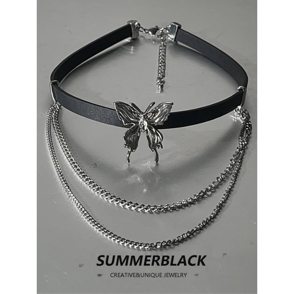 Vòng cổ choker châu âu và mỹ retro bướm tua da cổ áo dây da đen vòng cổ hot girl clavicl