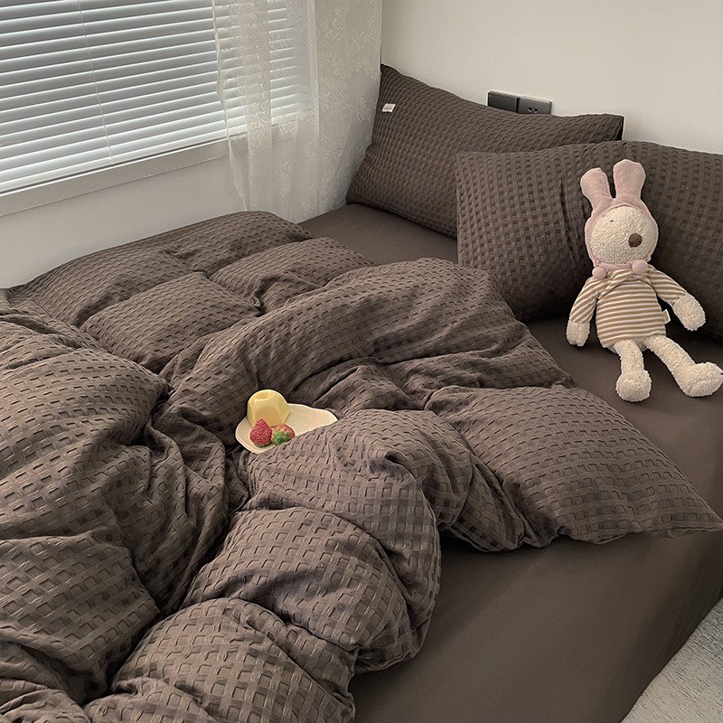 Bộ Chăn Ga Gối Cotton Đũi Waffle Mềm Mịn Cao Cấp Đủ Kích Thước màu ghi đen