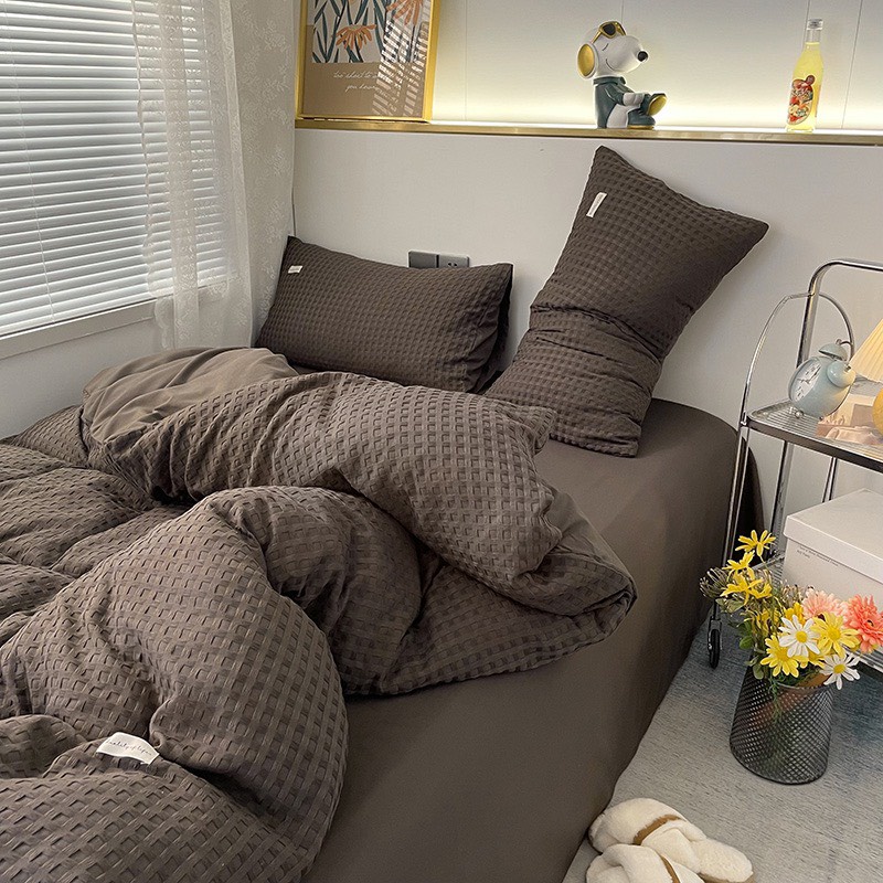 Bộ Chăn Ga Gối Cotton Đũi Waffle Mềm Mịn Cao Cấp Đủ Kích Thước màu ghi đen