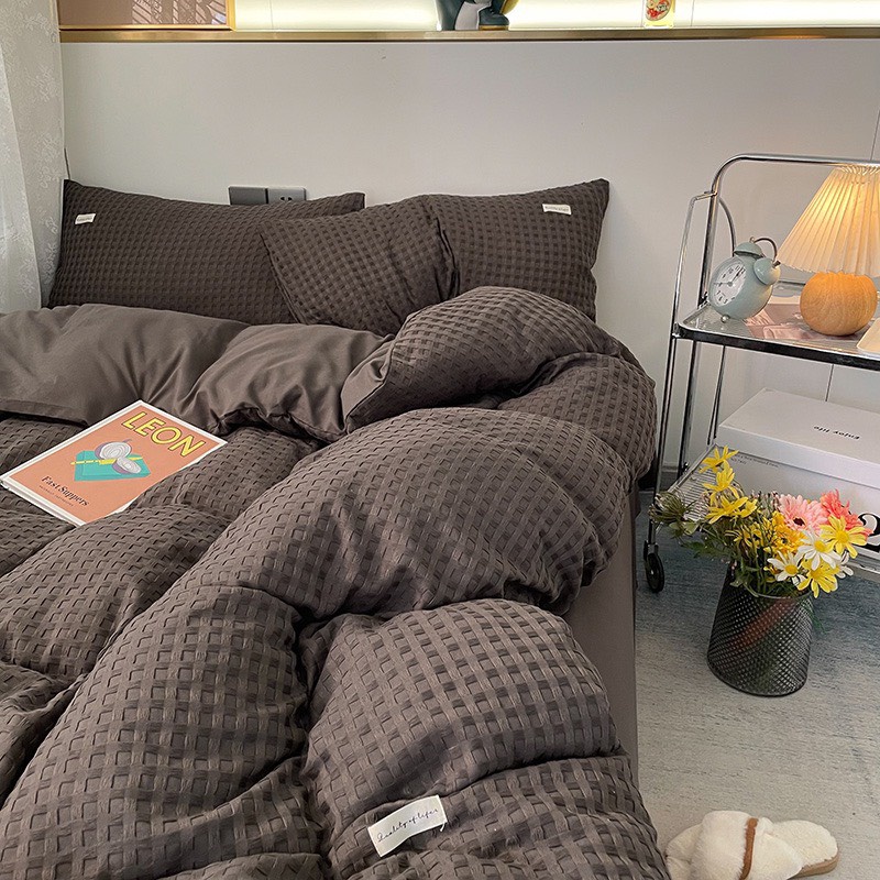 Bộ Chăn Ga Gối Cotton Đũi Waffle Mềm Mịn Cao Cấp Đủ Kích Thước màu ghi đen