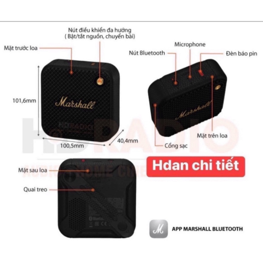 Loa bluetooth mini Marshall willen không dây bass mạnh cho điện thoại máy tính laptop pc giá rẻ bass treble rõ ràng