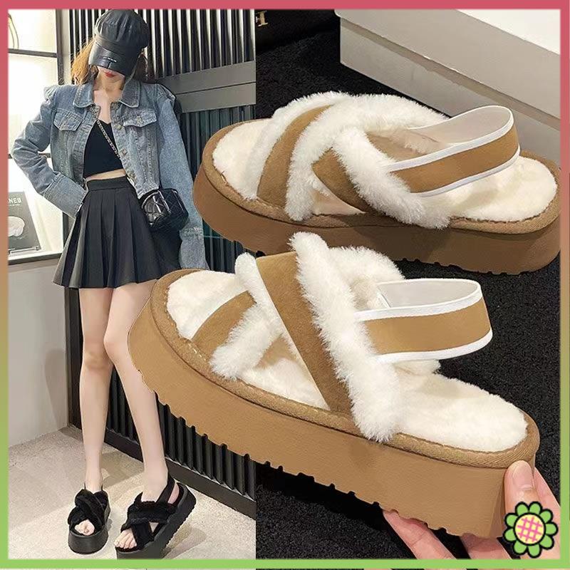 Dép Lông Cừu Đế Dày Quai Chéo Thời Trang Mùa Đông