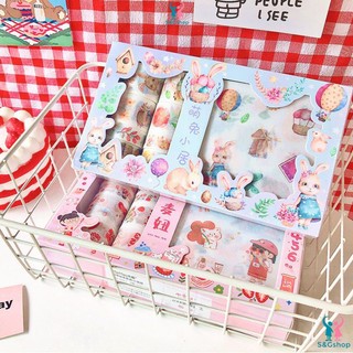 Hộp 10 washi tape và 10 giấy dán sticker dán khủng long, thỏ, kỳ lân ảo giác trang trí sổ tay làm quà tặng cute