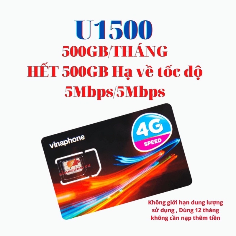 Sim 4G U1500 Vinaphone 500Gb/1 tháng dùng miễn phí 12 tháng .