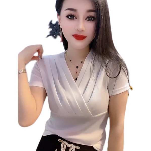 Áo Thun Tay Ngắn Cổ Chữ V Thiết Kế Mới Thời Trang Mùa Hè Theo Phong Cách Châu Âu Cho#39Áo Thun Lửng Tay Lửng Dáng Ôm Dễ Phối Đồ Thời Trang