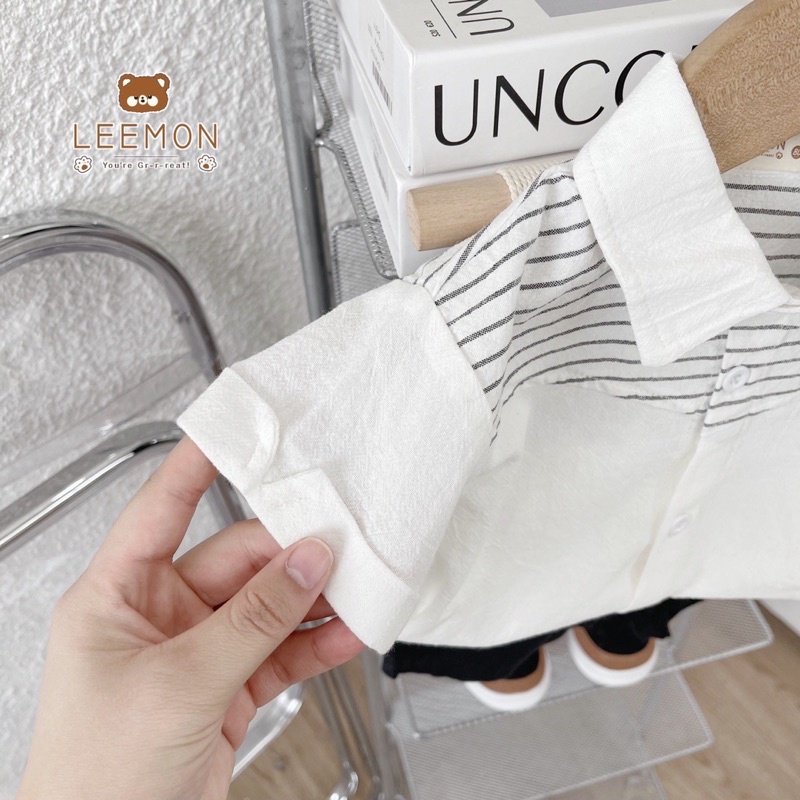 Bộ sơ mi đũi ngắn tay phối ngực kẻ quần đùi kaki cho bé trai