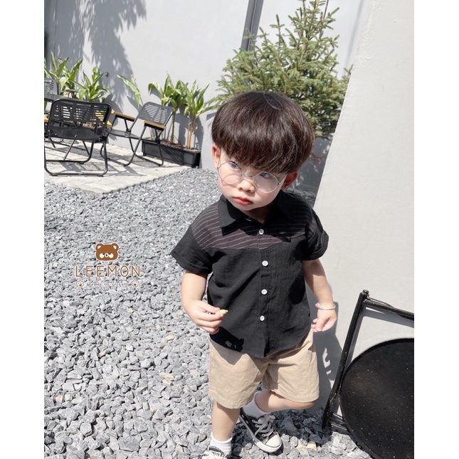 Bộ sơ mi đũi ngắn tay phối ngực kẻ quần đùi kaki cho bé trai