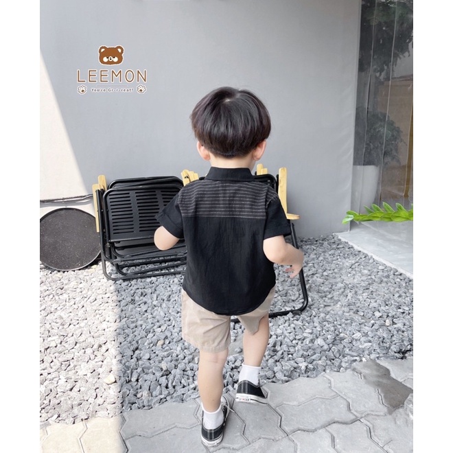 Bộ sơ mi đũi ngắn tay phối ngực kẻ quần đùi kaki cho bé trai