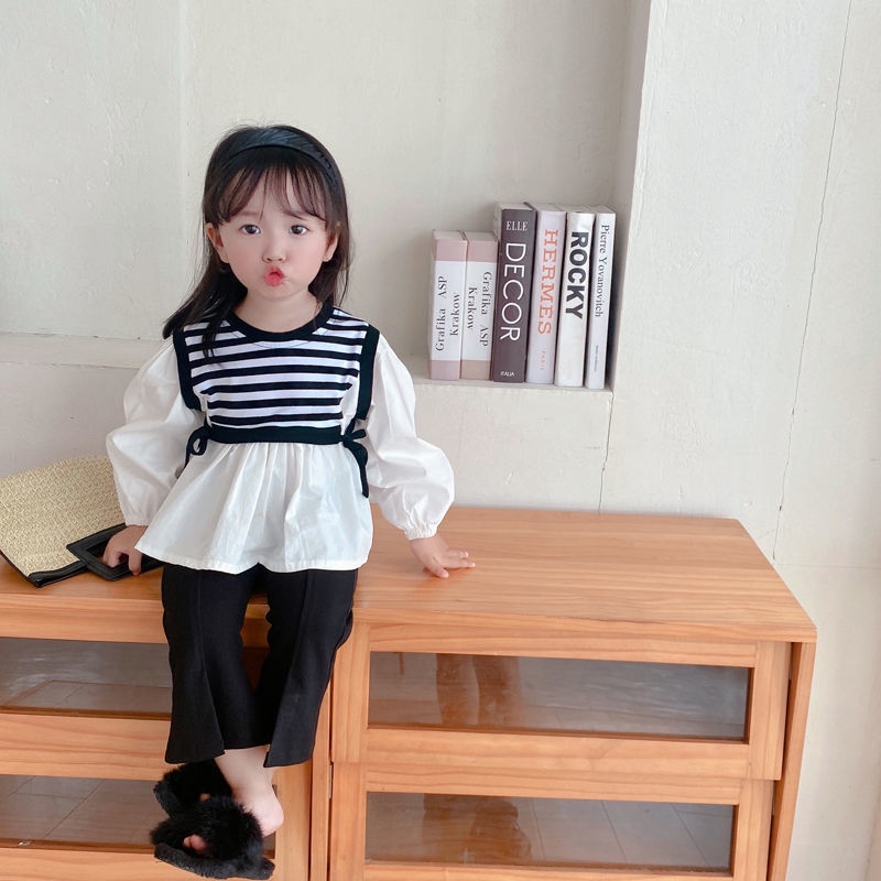 Xinxin ~ Bộ Áo Sơ Mi Tay Loe Phối Sọc Thời Trang Xuân Thu Mới Dành Cho Bé Gái