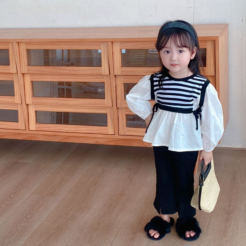 Xinxin ~ Bộ Áo Sơ Mi Tay Loe Phối Sọc Thời Trang Xuân Thu Mới Dành Cho Bé Gái