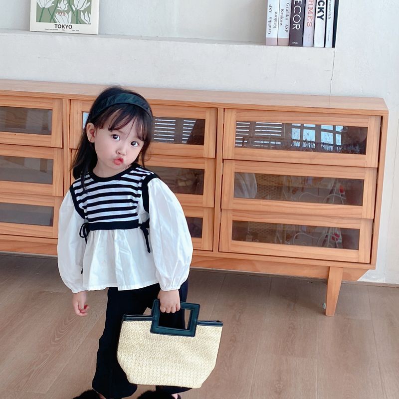 Xinxin ~ Bộ Áo Sơ Mi Tay Loe Phối Sọc Thời Trang Xuân Thu Mới Dành Cho Bé Gái
