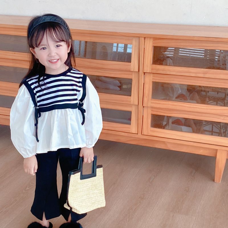 Xinxin ~ Bộ Áo Sơ Mi Tay Loe Phối Sọc Thời Trang Xuân Thu Mới Dành Cho Bé Gái
