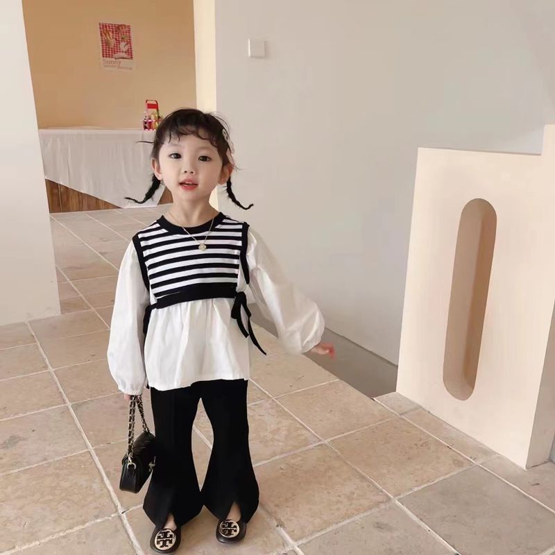 Xinxin ~ Bộ Áo Sơ Mi Tay Loe Phối Sọc Thời Trang Xuân Thu Mới Dành Cho Bé Gái