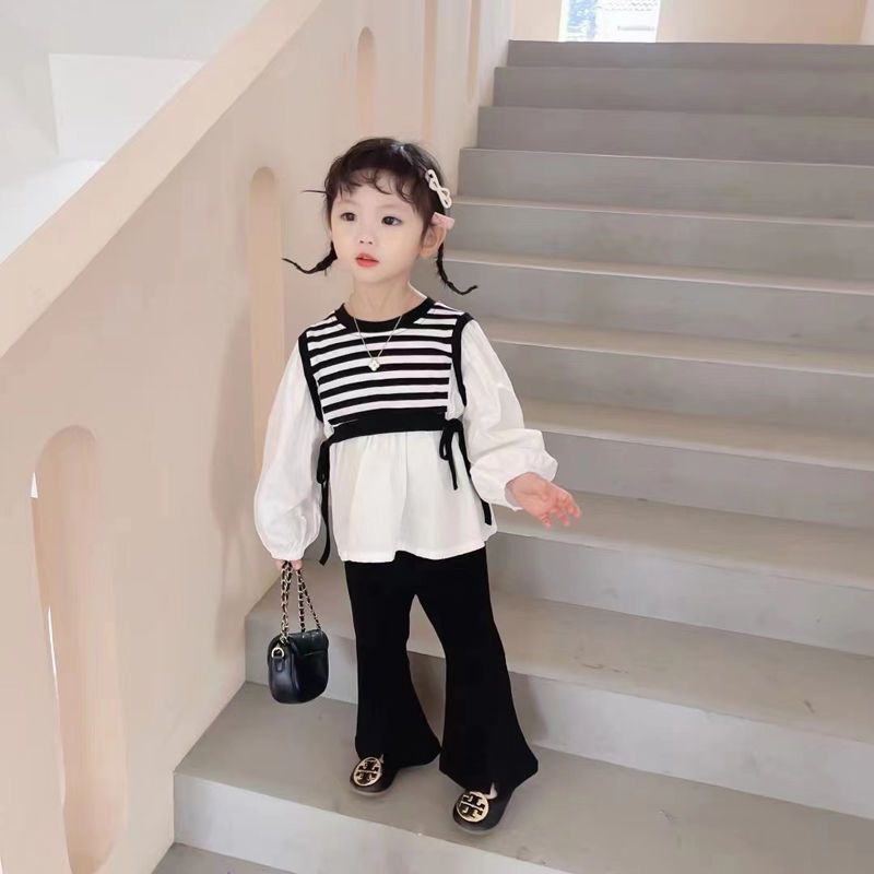 Xinxin ~ Bộ Áo Sơ Mi Tay Loe Phối Sọc Thời Trang Xuân Thu Mới Dành Cho Bé Gái