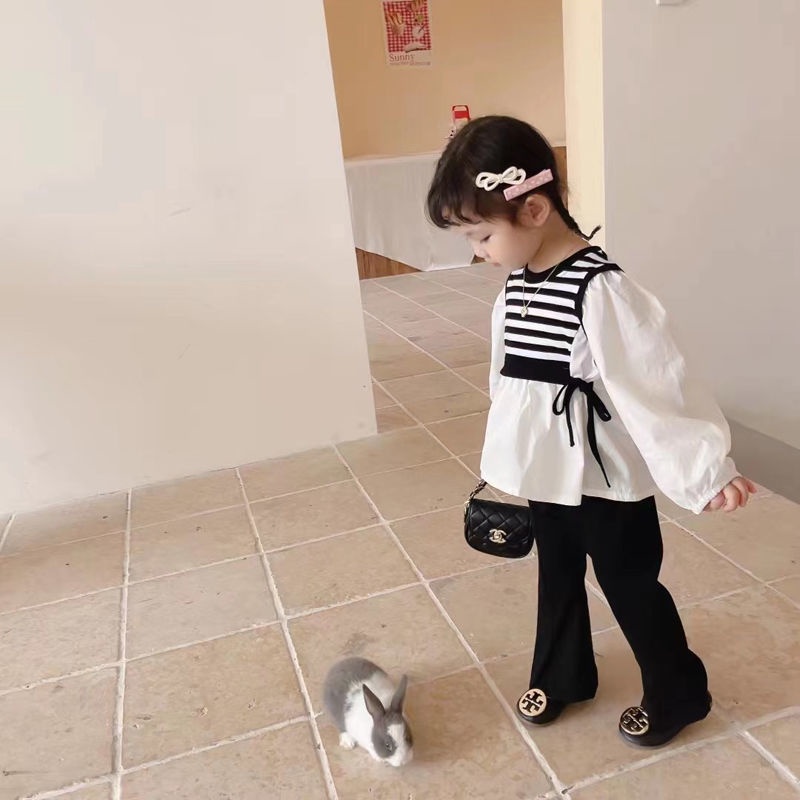 Xinxin ~ Bộ Áo Sơ Mi Tay Loe Phối Sọc Thời Trang Xuân Thu Mới Dành Cho Bé Gái