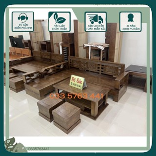 Bàn ghế sofa phòng khách gỗ sồi nga kích thước 2m1 x 1m65 kiểu dáng đục họa tiết lá me sang trọng