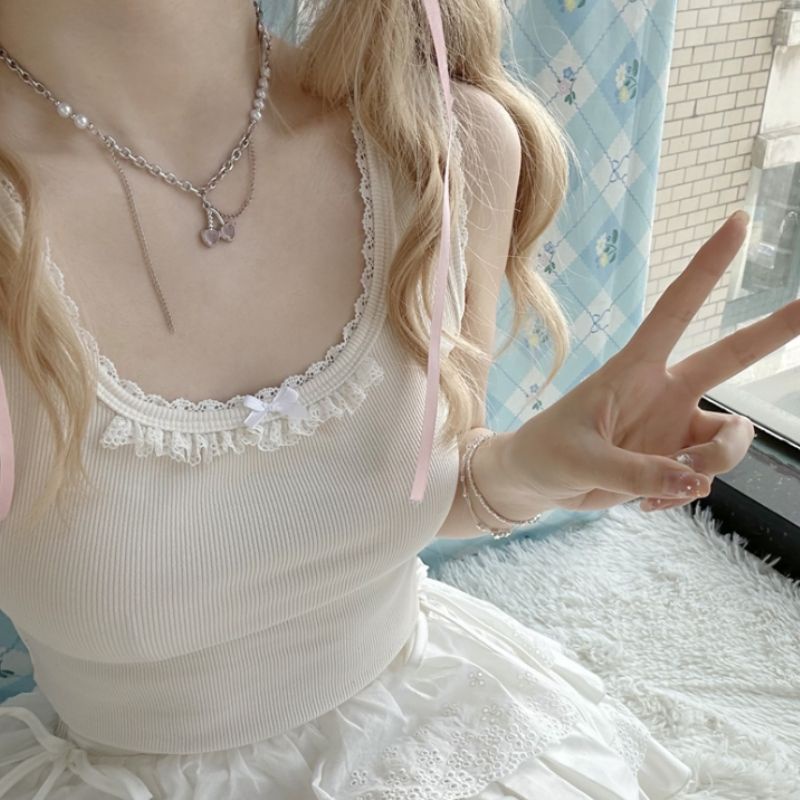 Jiashucheng Áo Hai Dây Dáng Ôm Ngắn Phối Ren Thắt Nơ Nhỏ Xinh Kiểu Nhật Bản Thời Trang Mùa Hè Cho Bạn Gái