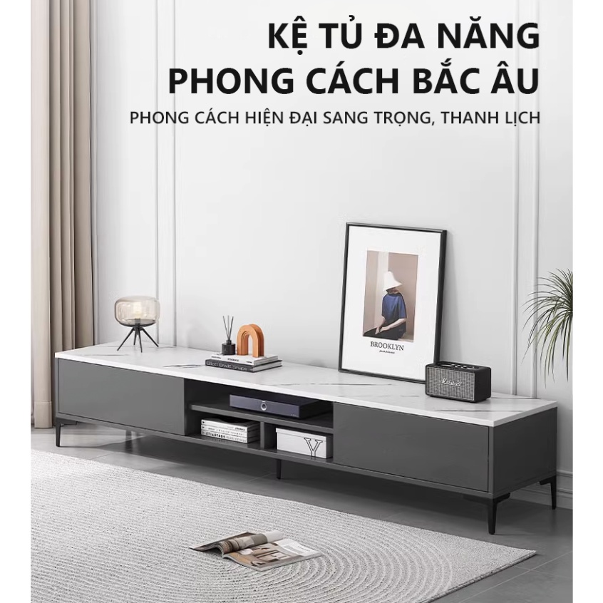 Kệ tivi đen mặt gỗ MDF màu vân đá phủ Melamine phòng khách, Tủ Tivi để sàn đa năng - GP297 / GP298