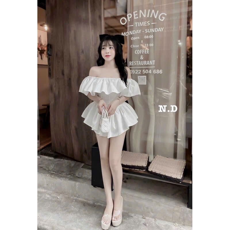 GenZ_Set Đầm Bệt Vai Kèm Quần Bí Rời Siêu Xinh Hot