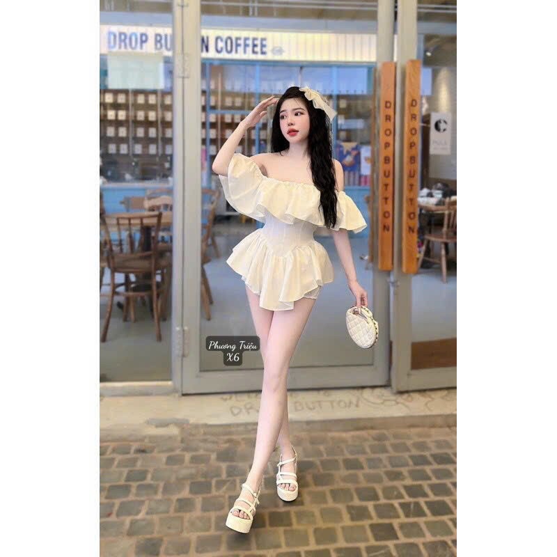 GenZ_Set Đầm Bệt Vai Kèm Quần Bí Rời Siêu Xinh Hot