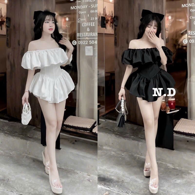 GenZ_Set Đầm Bệt Vai Kèm Quần Bí Rời Siêu Xinh Hot