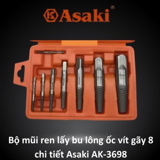 Bộ ta rô ren, bộ mũi ren lấy bu lông ốc vít gãy 8 chi tiết asaki ak-3698