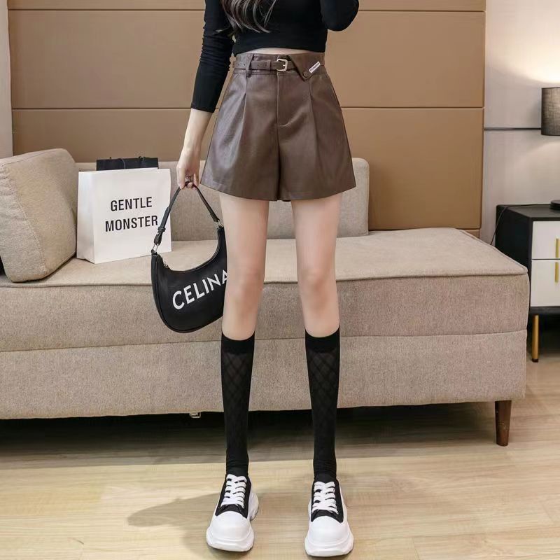 Jiashucheng Quần Short Da PU Lưng Cao Dáng Ôm Thời Trang Thu Đông Cá Tính Cho Nữ