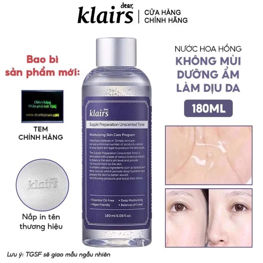 Nước hoa hồng Dear, Klairs Supple Preparation Unscented Toner 30ml