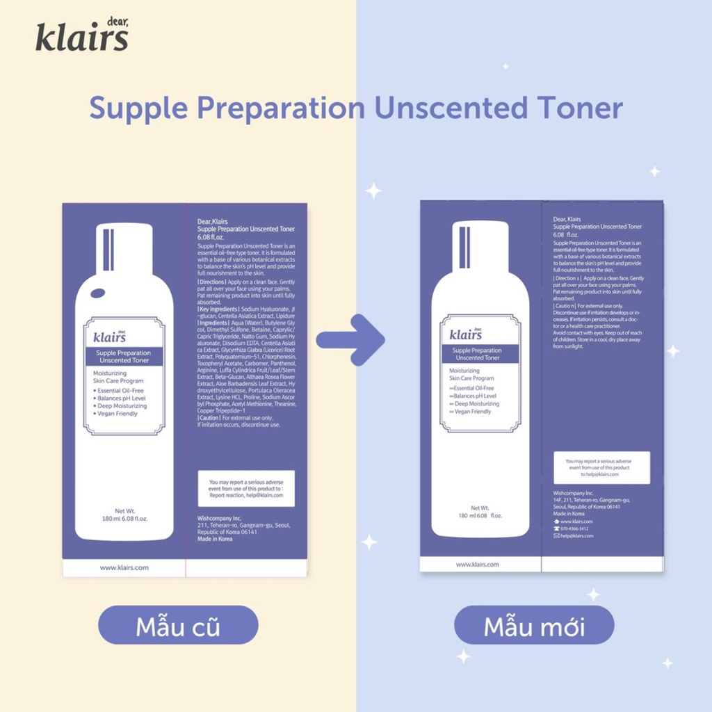 Nước hoa hồng Dear, Klairs Supple Preparation Unscented Toner 30ml