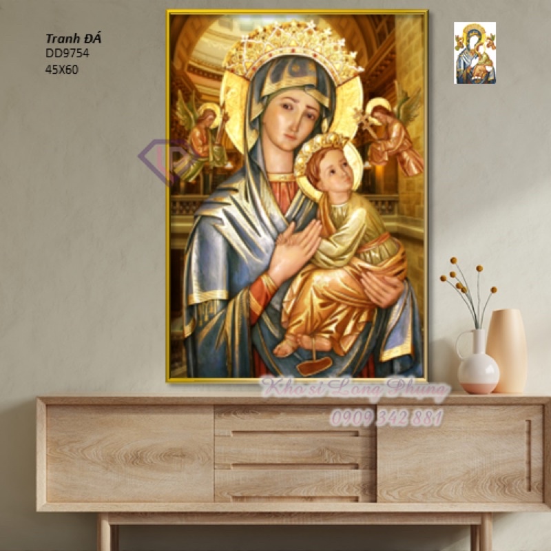 Tranh đính Đá 5D _Tranh thêu Chữ Thập Đức Mẹ Hằng Cứu Giúp D9754 :45x60 cm( chưa đính)