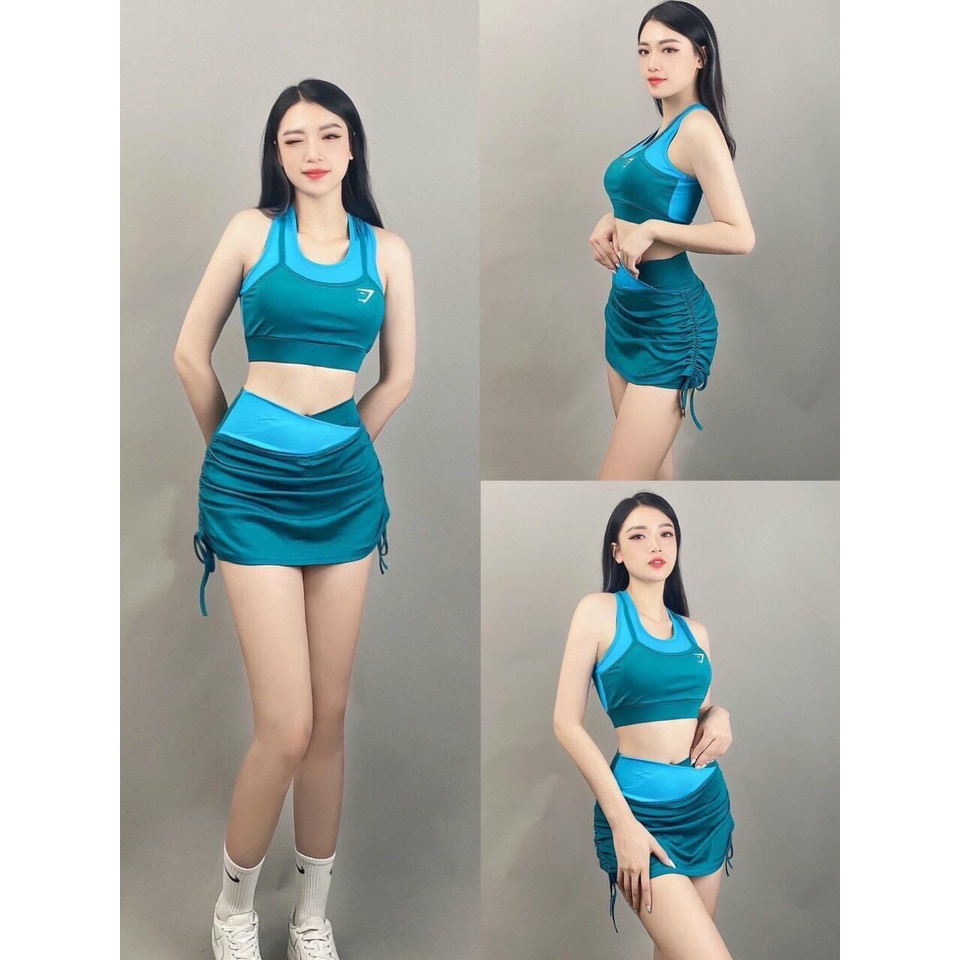 Đồ tập gym nữ, bộ tập aerobic, đi biển, dã ngoại nữ áo bra kèm mút kết hợp chân váy rút dây chất thun lạnhVay02/Vay04)