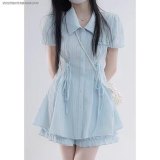 Set đầm sơ mi xanh dương 2023 phong cách pháp thời trang mùa hè mới