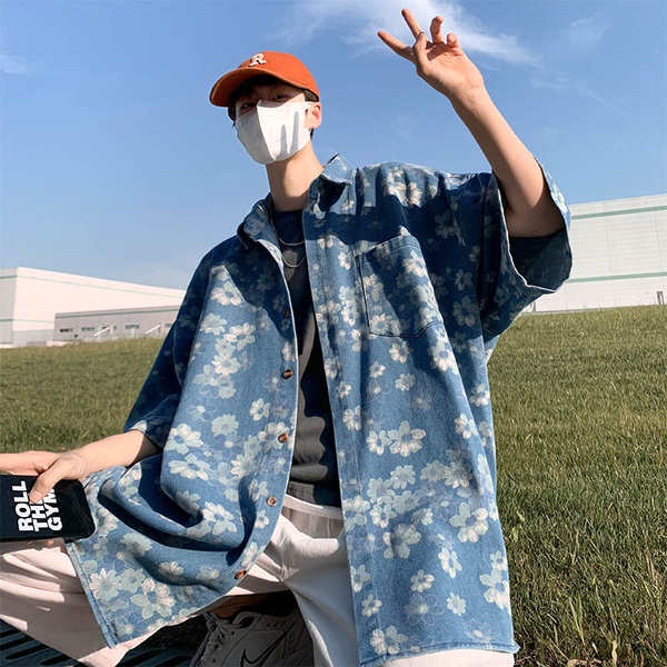 Áo Sơ Mi Denim Mỏng Tay Ngắn In Hoa Kiểu Retro Nhật Bản Thời Trang Mùa Hè 2022 Cho Nam
