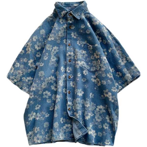 Áo Sơ Mi Denim Mỏng Tay Ngắn In Hoa Kiểu Retro Nhật Bản Thời Trang Mùa Hè 2022 Cho Nam